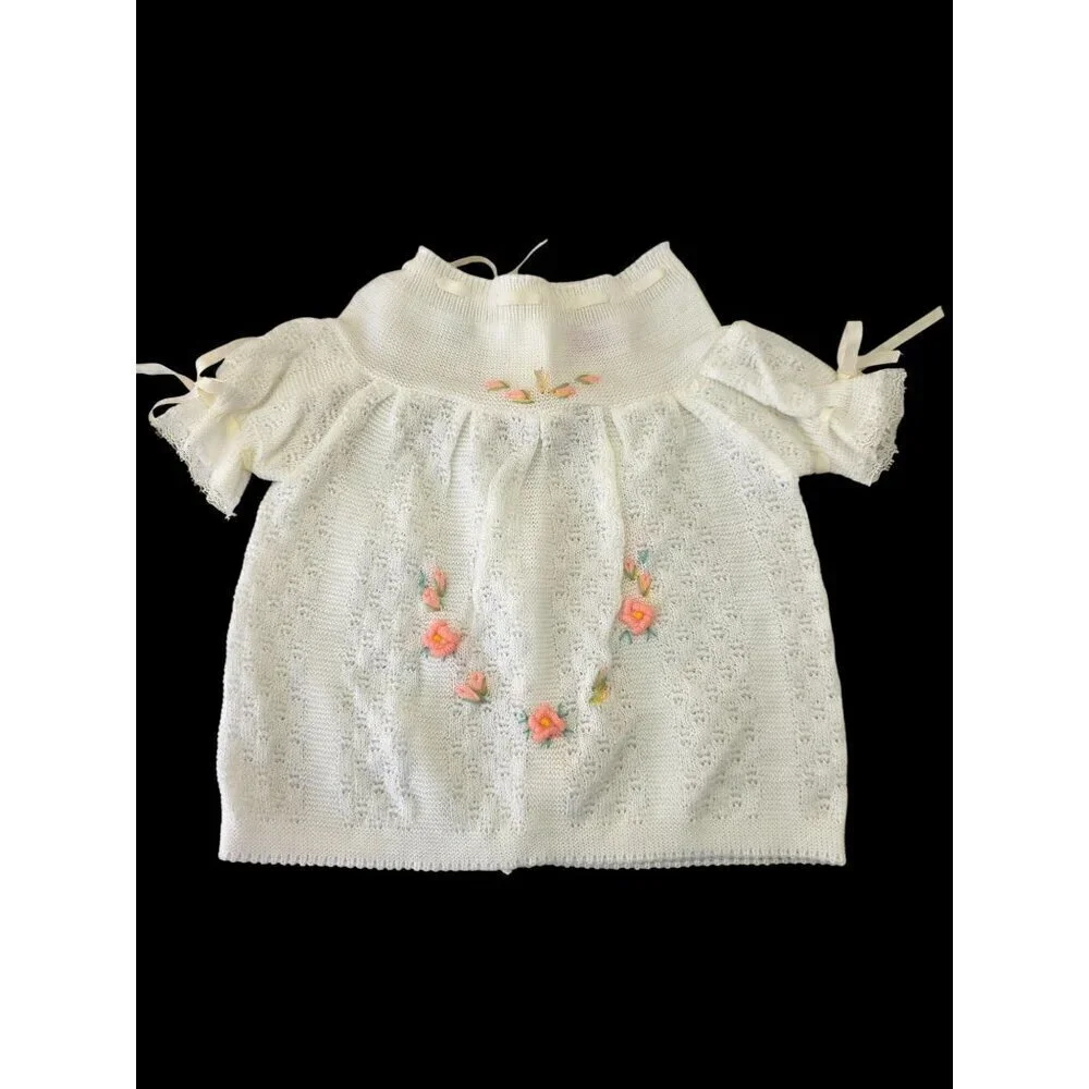 Love Spun by Celebrity 60/70s Baby Dress Newborn L Embroidery White Knit Acrylic